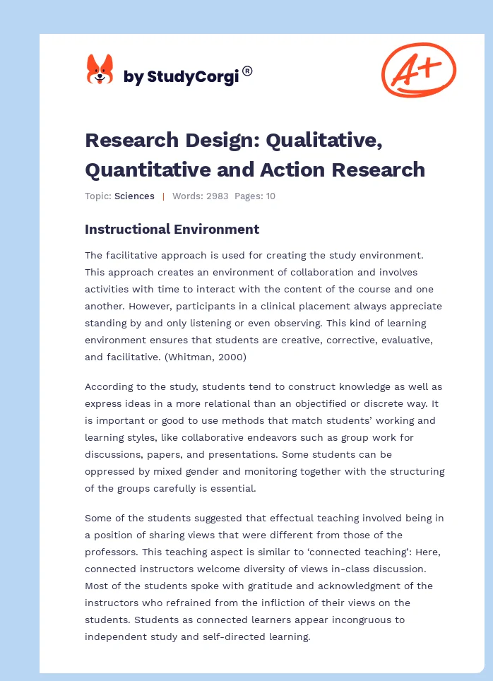Research Design: Qualitative, Quantitative and Action Research. Page 1