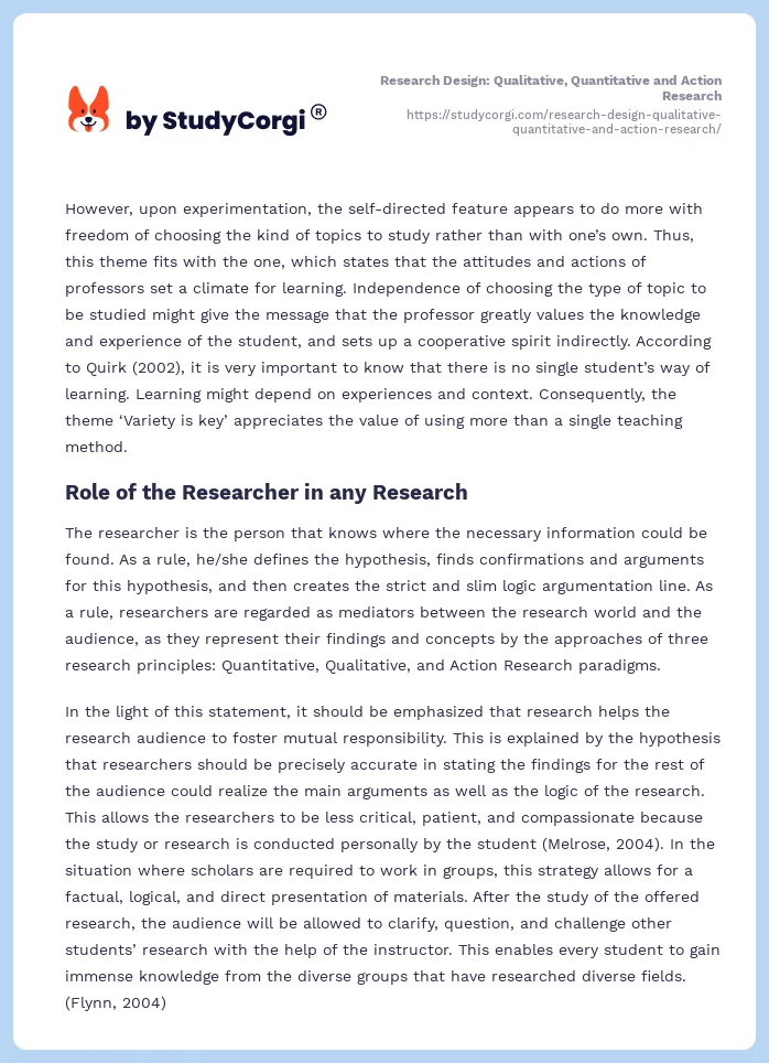 Research Design: Qualitative, Quantitative and Action Research. Page 2