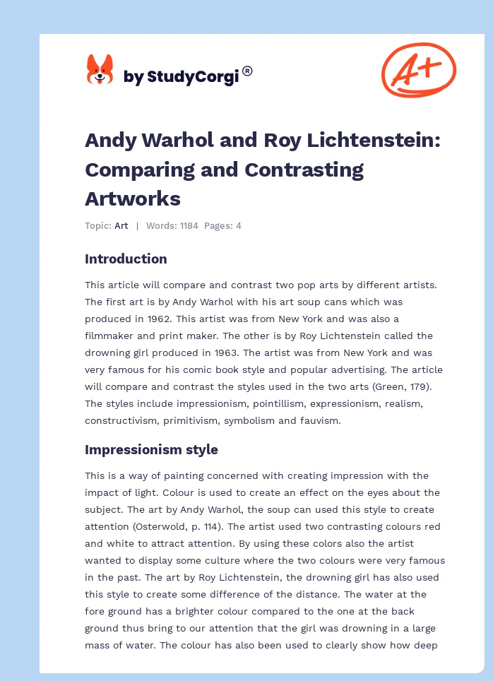 Andy Warhol and Roy Lichtenstein: Comparing and Contrasting Artworks. Page 1