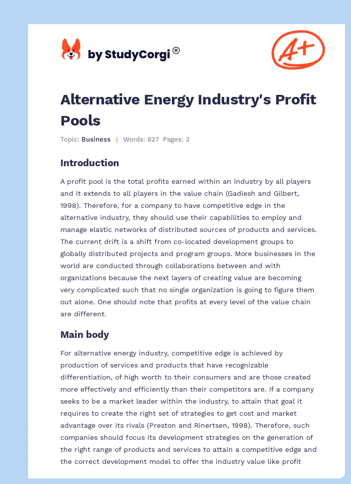 Alternative Energy Industry's Profit Pools. Page 1