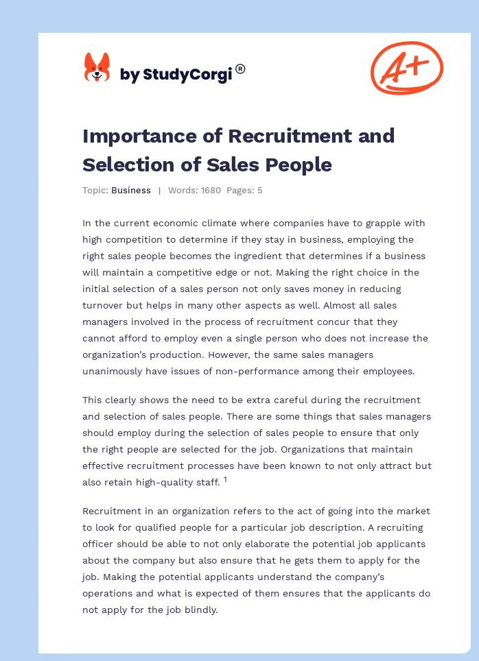 Importance of Recruitment and Selection of Sales People. Page 1