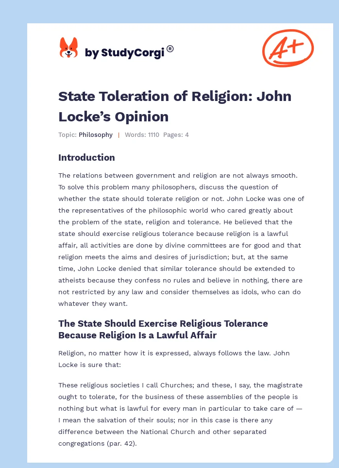 State Toleration of Religion: John Locke’s Opinion. Page 1