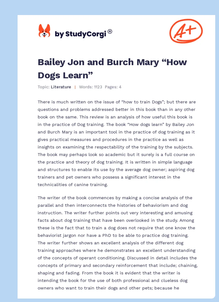 Bailey Jon and Burch Mary “How Dogs Learn”. Page 1