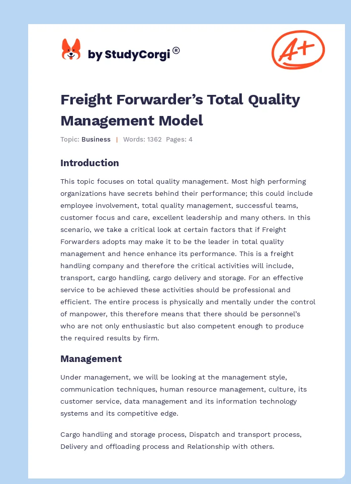 Freight Forwarder’s Total Quality Management Model. Page 1