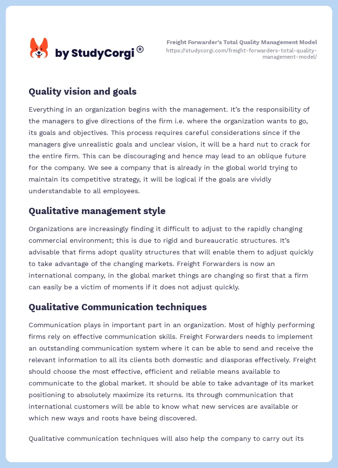 Freight Forwarder’s Total Quality Management Model. Page 2