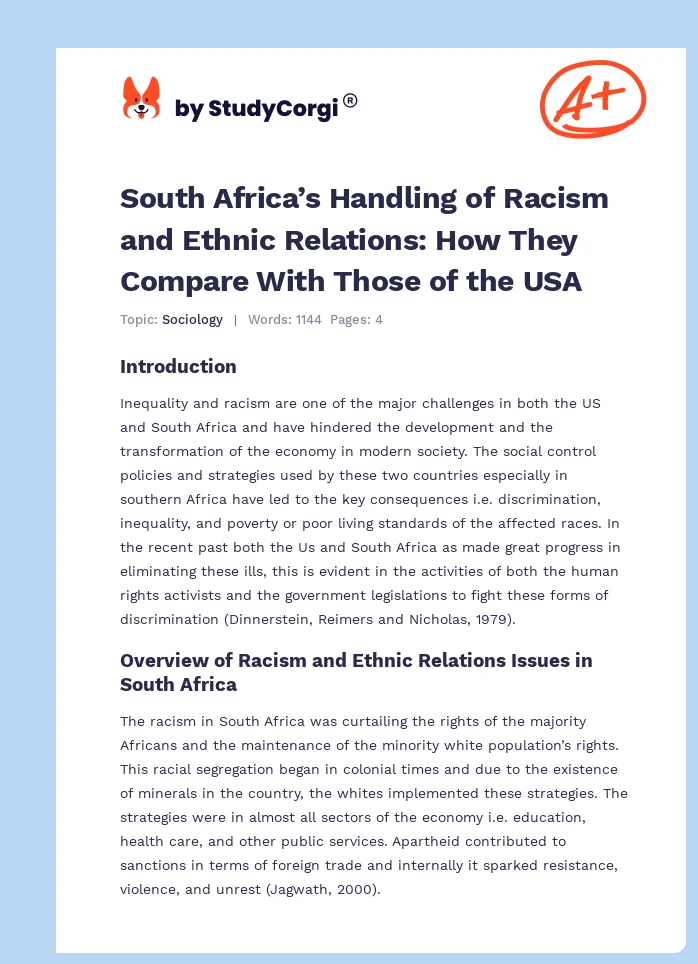 South Africa’s Handling of Racism and Ethnic Relations: How They Compare With Those of the USA. Page 1