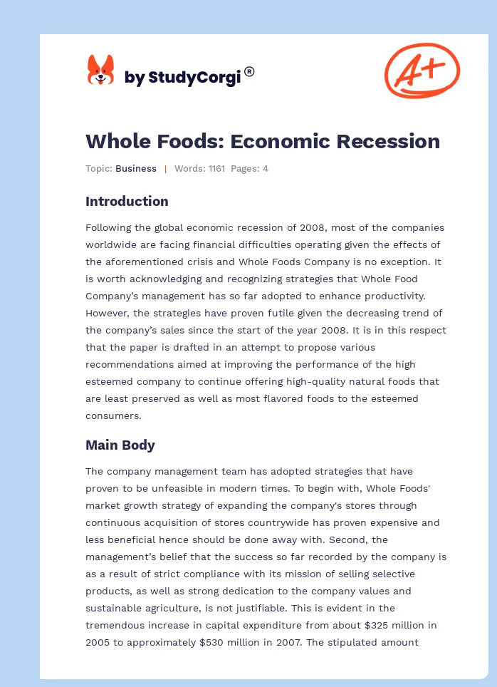 Whole Foods: Economic Recession. Page 1