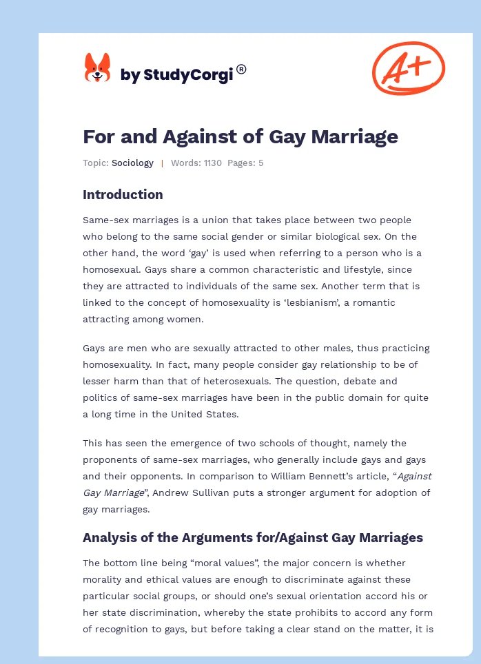 For and Against of Gay Marriage. Page 1