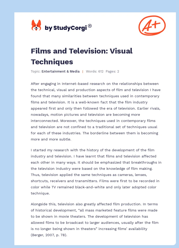 Films and Television: Visual Techniques. Page 1