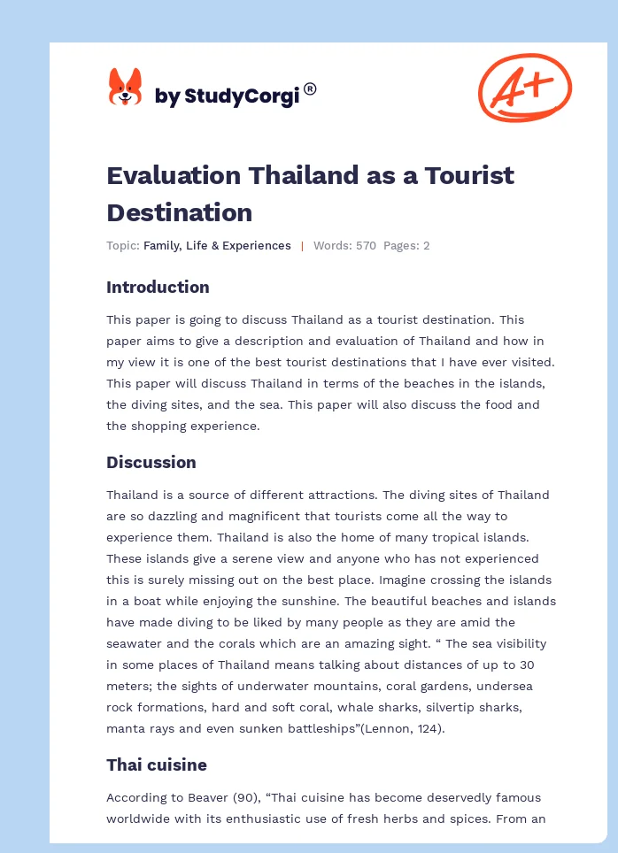 Evaluation Thailand as a Tourist Destination. Page 1