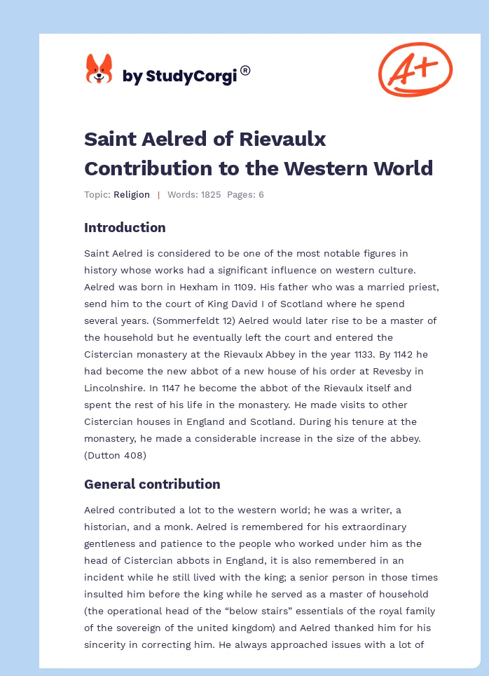 Saint Aelred of Rievaulx Contribution to the Western World. Page 1