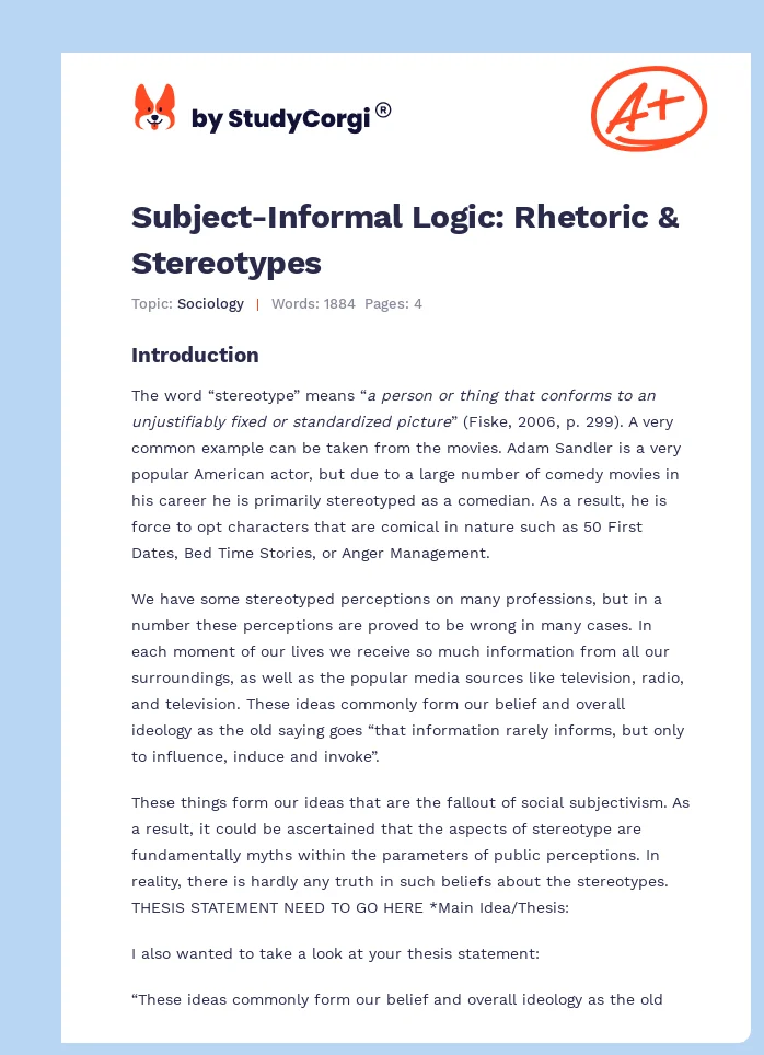 Subject-Informal Logic: Rhetoric & Stereotypes. Page 1