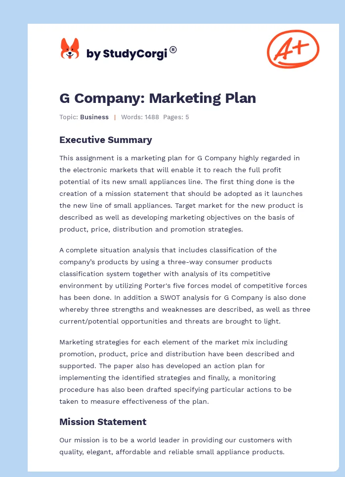G Company: Marketing Plan. Page 1