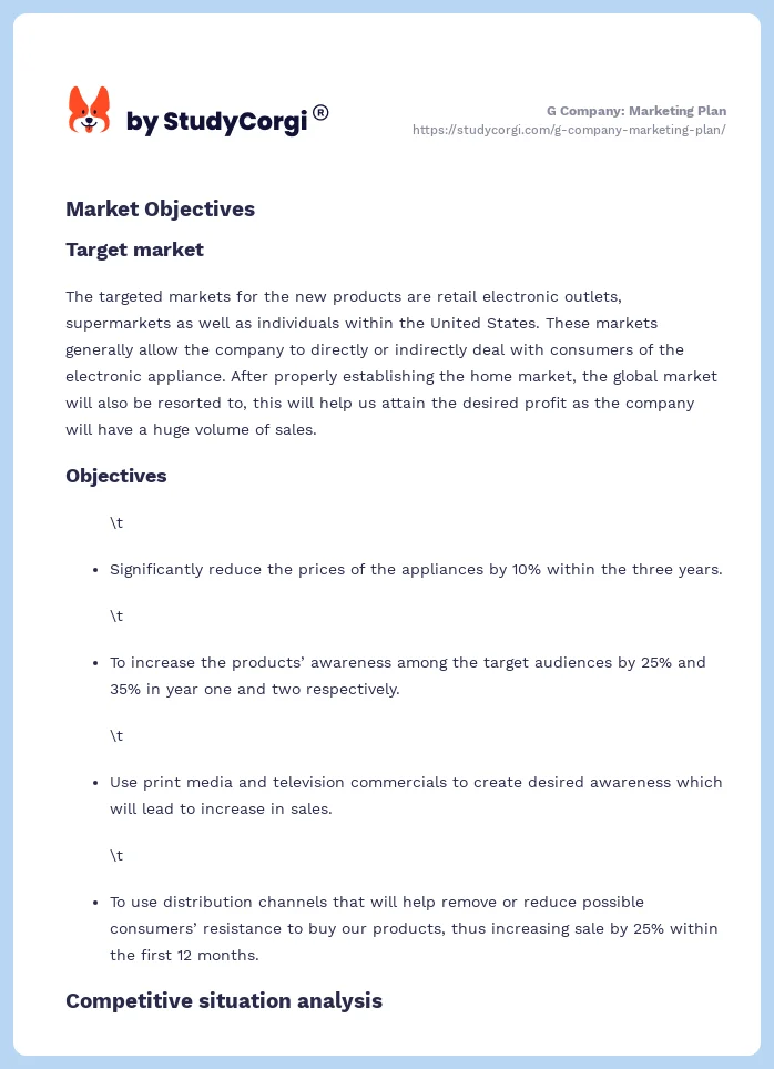 G Company: Marketing Plan. Page 2