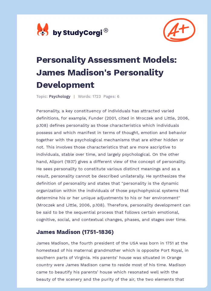 Personality Assessment Models: James Madison's Personality Development. Page 1