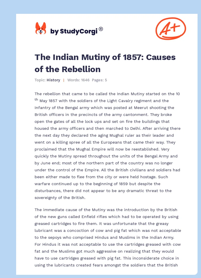 causes of rebellion of 1857 essay