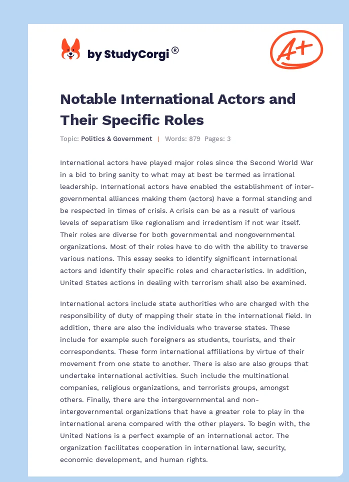 Notable International Actors and Their Specific Roles. Page 1