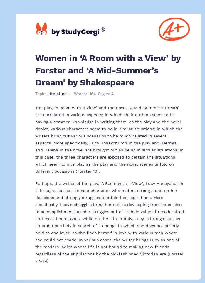 Women in ‘A Room with a View’ by Forster and ‘A Mid-Summer’s Dream’ by Shakespeare. Page 1