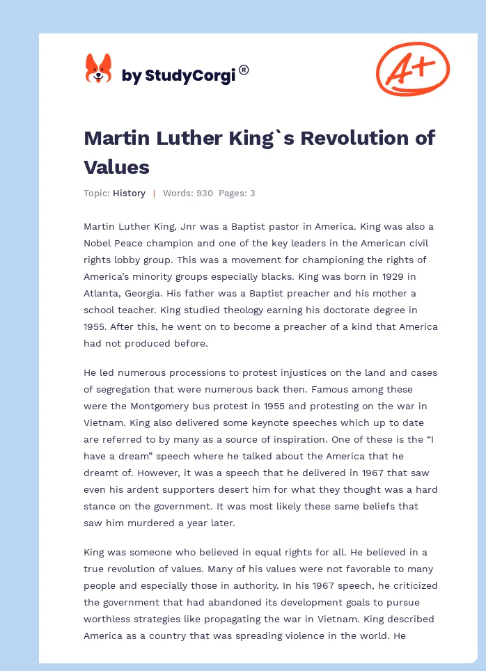 Martin Luther King`s Revolution of Values. Page 1