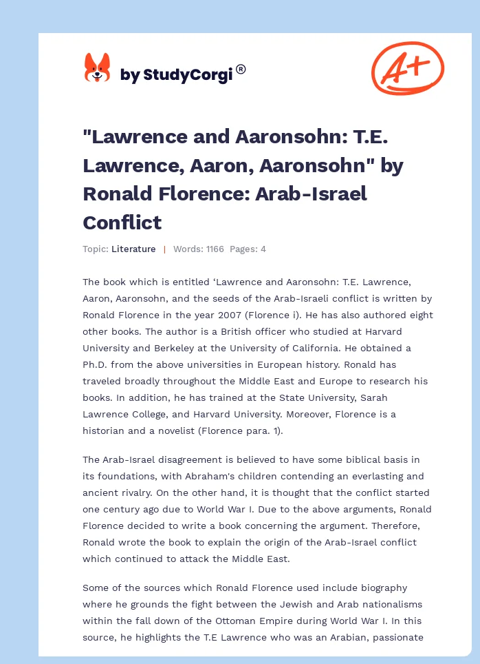 "Lawrence and Aaronsohn: T.E. Lawrence, Aaron, Aaronsohn" by Ronald Florence: Arab-Israel Conflict. Page 1