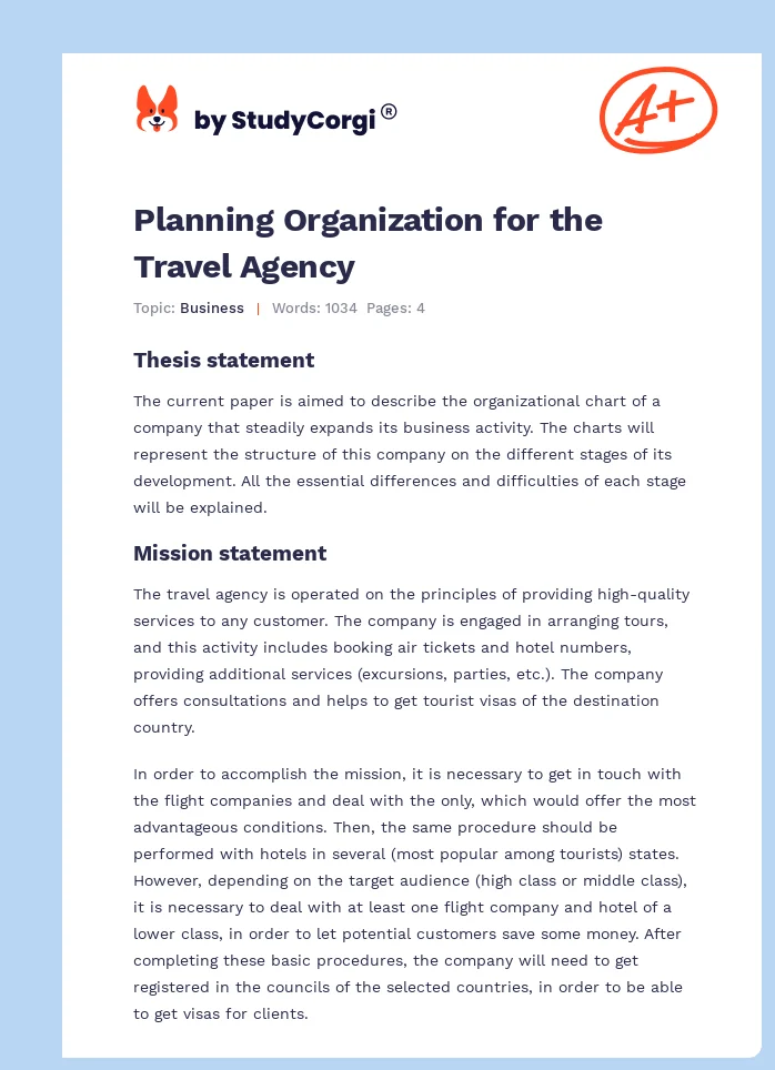 Planning Organization for the Travel Agency. Page 1