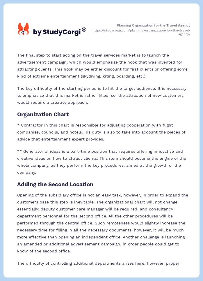 Planning Organization for the Travel Agency. Page 2