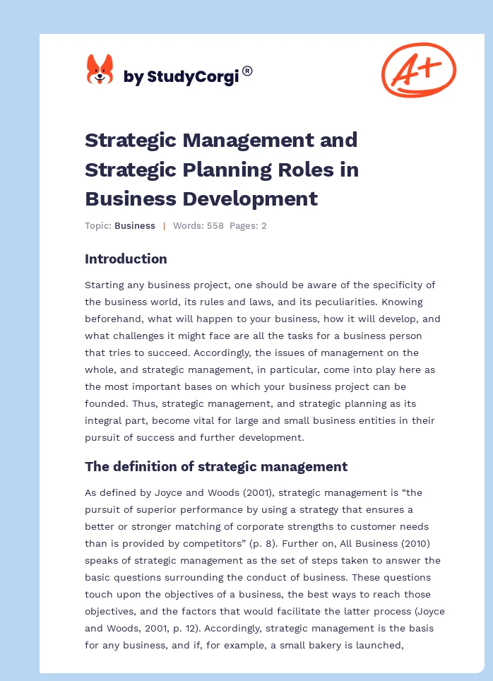 Strategic Management and Strategic Planning Roles in Business Development. Page 1
