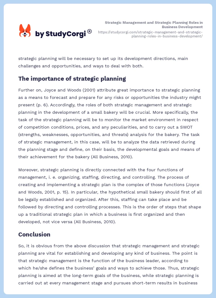 Strategic Management and Strategic Planning Roles in Business Development. Page 2