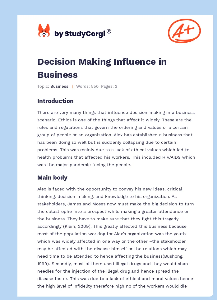 Decision Making Influence in Business. Page 1