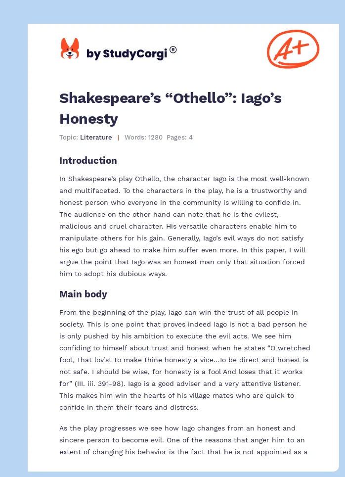 Shakespeare’s “Othello”: Iago’s Honesty. Page 1