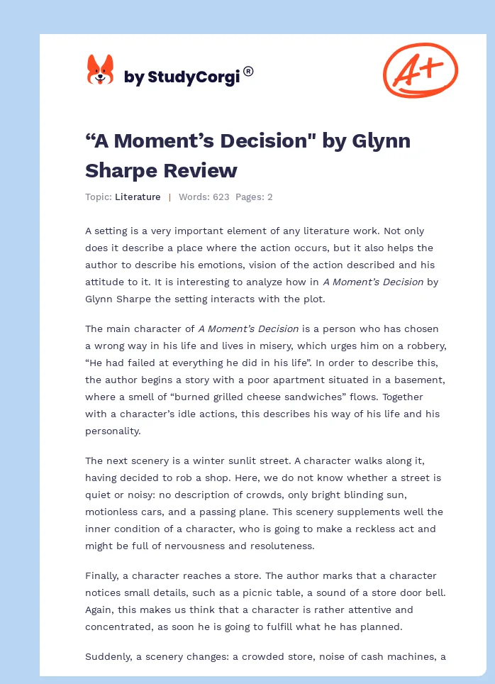 “A Moment’s Decision" by Glynn Sharpe Review. Page 1