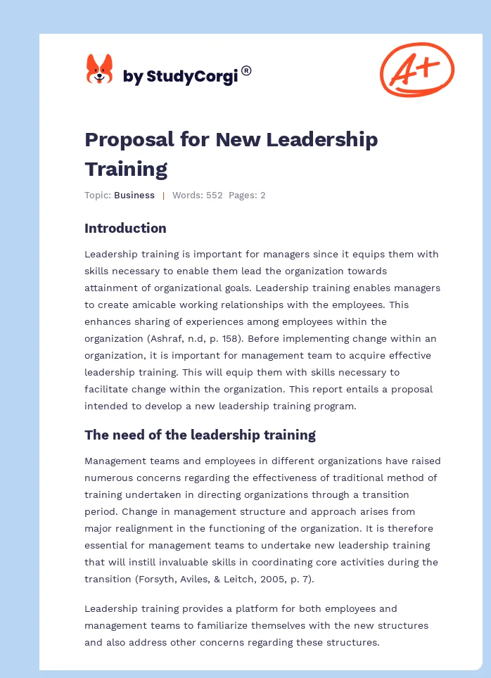 Proposal for New Leadership Training. Page 1