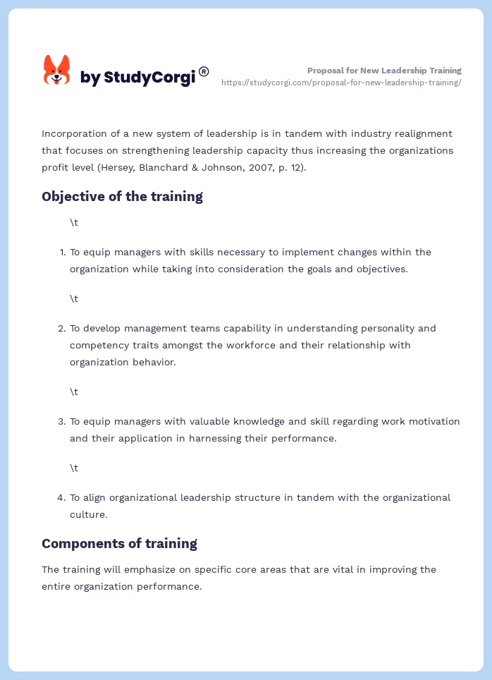 Proposal for New Leadership Training. Page 2