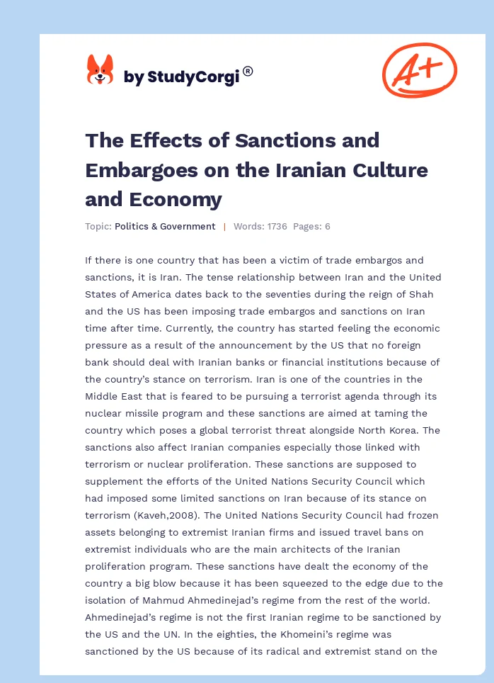 The Effects of Sanctions and Embargoes on the Iranian Culture and Economy. Page 1