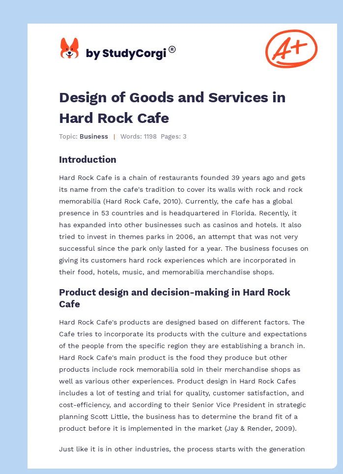 Design of Goods and Services in Hard Rock Cafe. Page 1