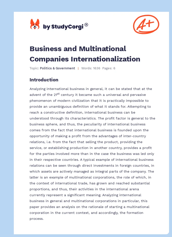 Business and Multinational Companies Internationalization. Page 1