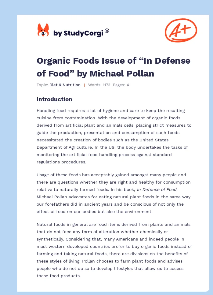 Organic Foods Issue of “In Defense of Food” by Michael Pollan. Page 1