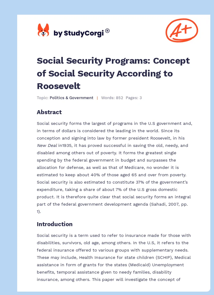 Social Security Programs: Concept of Social Security According to Roosevelt. Page 1