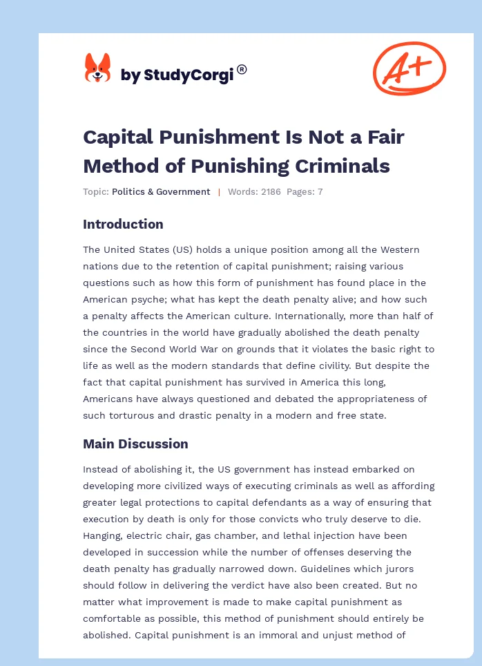 Capital Punishment Is Not a Fair Method of Punishing Criminals. Page 1