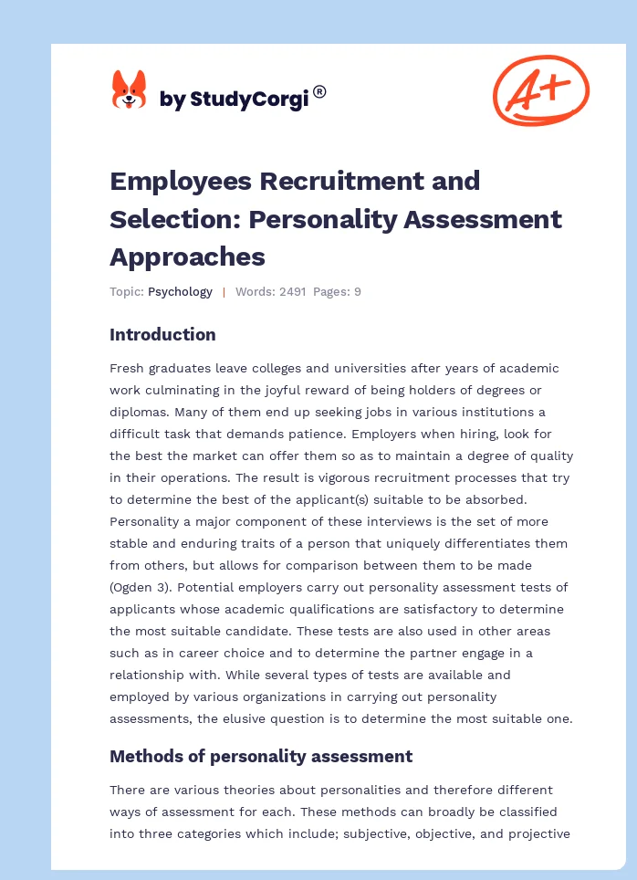 Employees Recruitment and Selection: Personality Assessment Approaches. Page 1