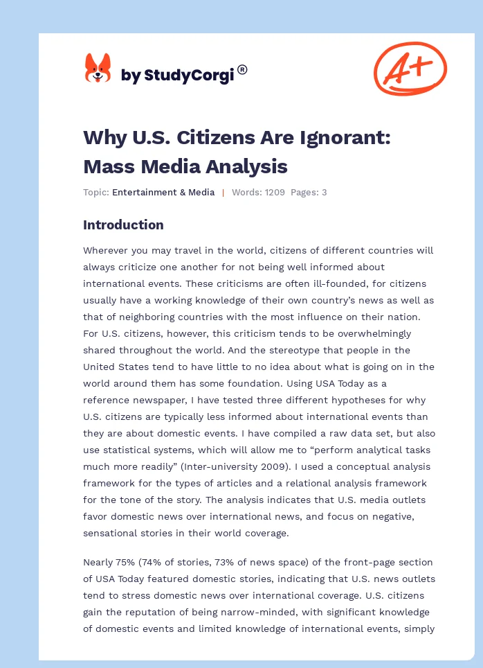 Why U.S. Citizens Are Ignorant: Mass Media Analysis. Page 1