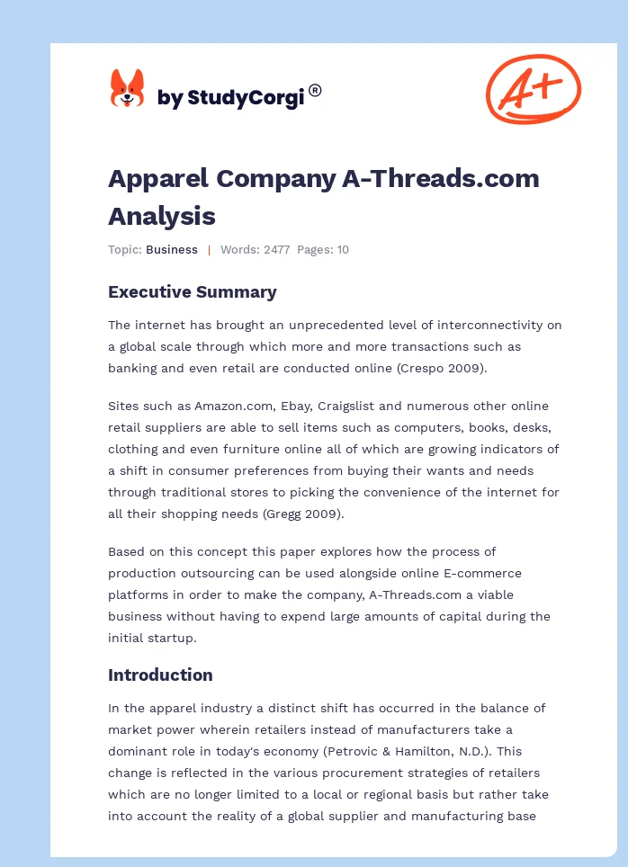 Apparel Company A-Threads.com Analysis. Page 1