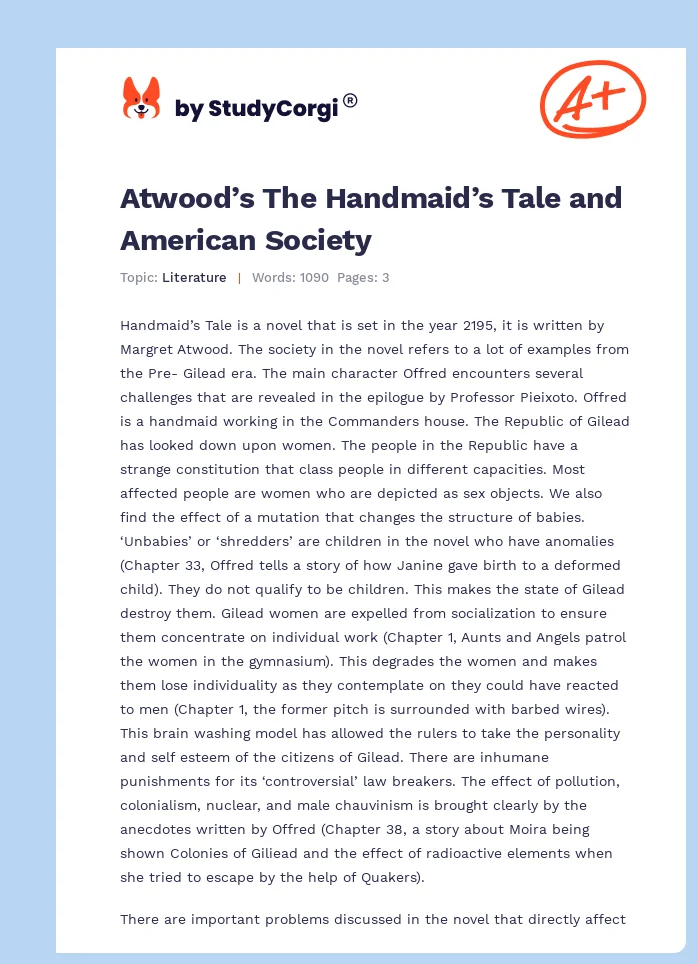 Atwood’s The Handmaid’s Tale and American Society. Page 1