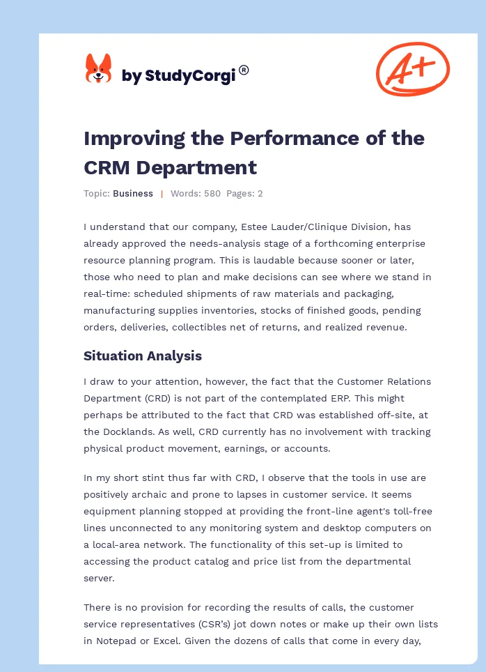 Improving the Performance of the CRM Department. Page 1