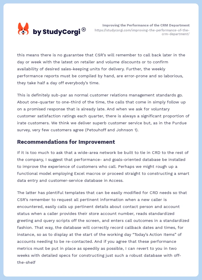 Improving the Performance of the CRM Department. Page 2