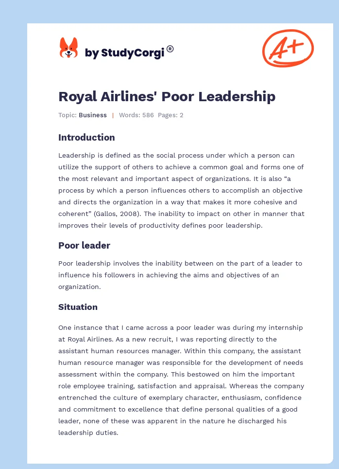 Royal Airlines' Poor Leadership. Page 1