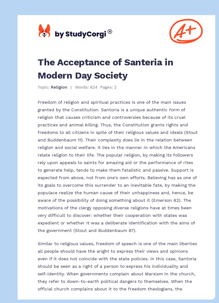 The Acceptance of Santeria in Modern Day Society. Page 1