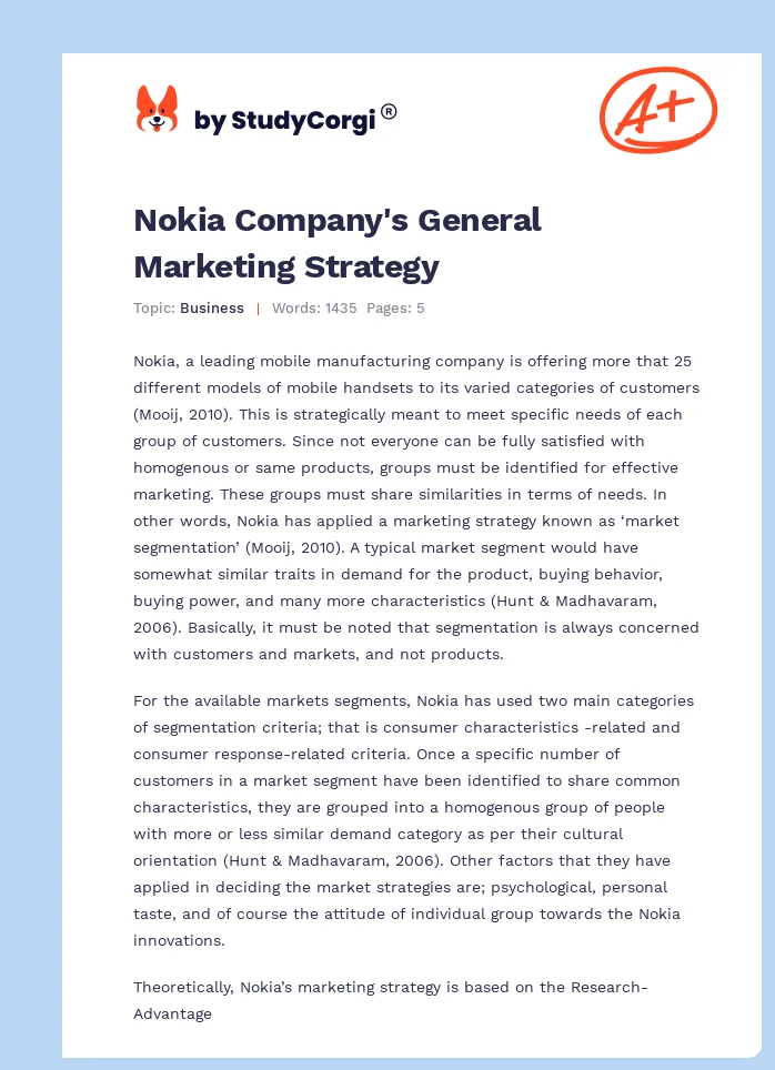 Nokia Company's General Marketing Strategy. Page 1