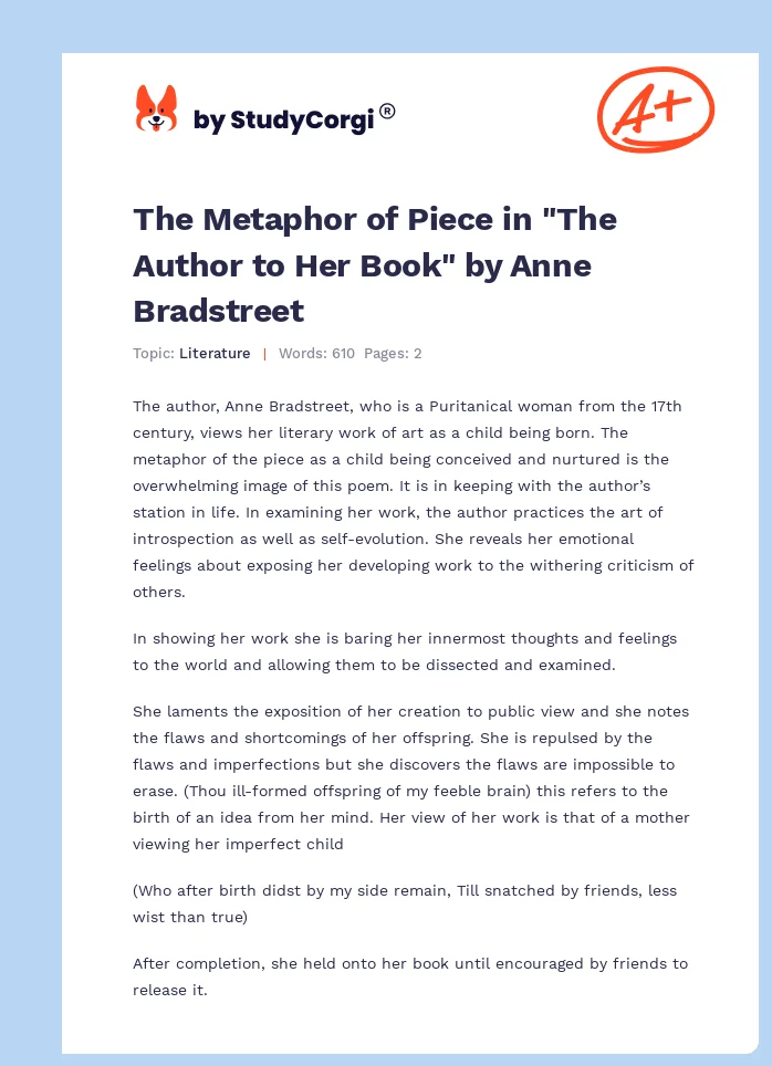 The Metaphor of Piece in "The Author to Her Book" by Anne Bradstreet. Page 1