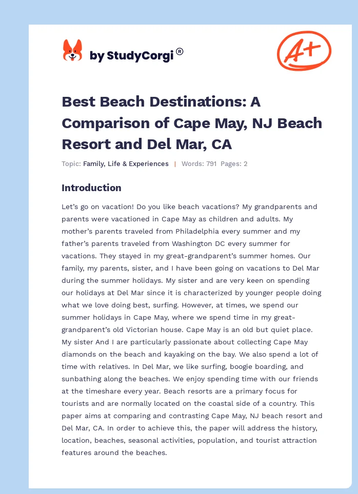Best Beach Destinations: A Comparison of Cape May, NJ Beach Resort and Del Mar, CA. Page 1